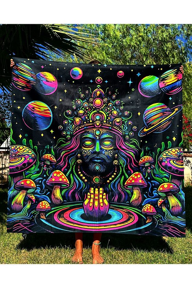 Hindu Guru Show Me the Way / Blacklight ile Parlayan Neon Duvar Örtüsü UV Aktif Glow Tapestry - 3