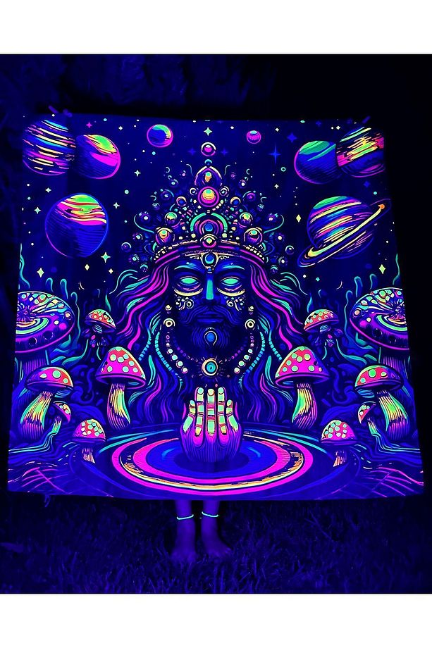 Hindu Guru Show Me the Way / Blacklight ile Parlayan Neon Duvar Örtüsü UV Aktif Glow Tapestry - 5