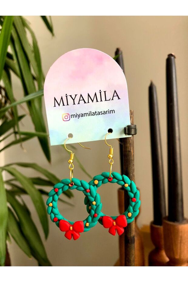 Green Christmas New Year Earrings - Wreath with Bow