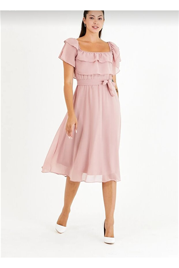 Guler șifon rochie pudră - 1