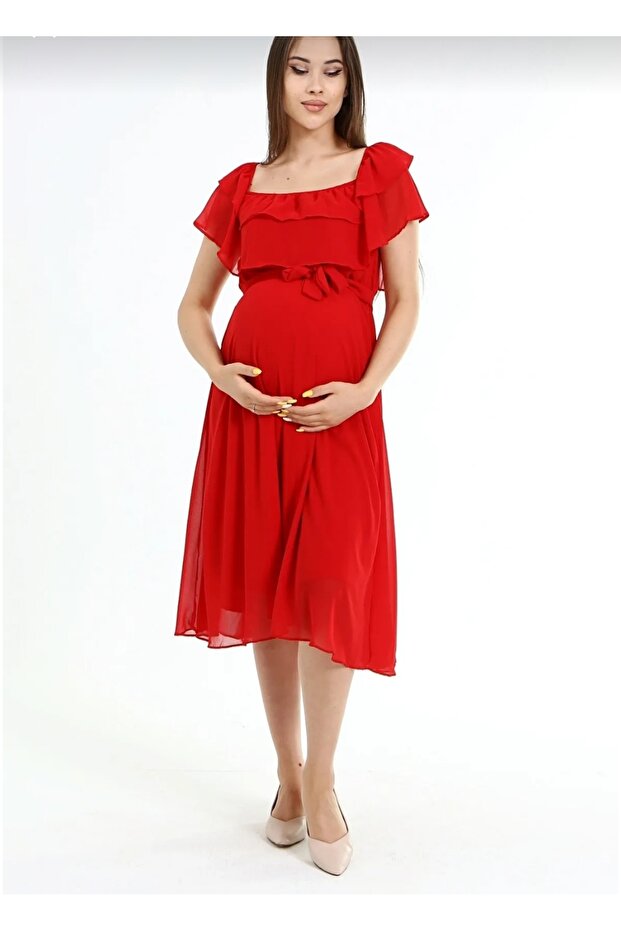 Yaka, Şifon, Kırmızı Elbise - 1