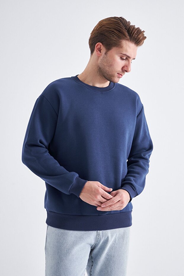 Erkek Lapis Lazuli Lacivert Basic Sweatshirt - 4