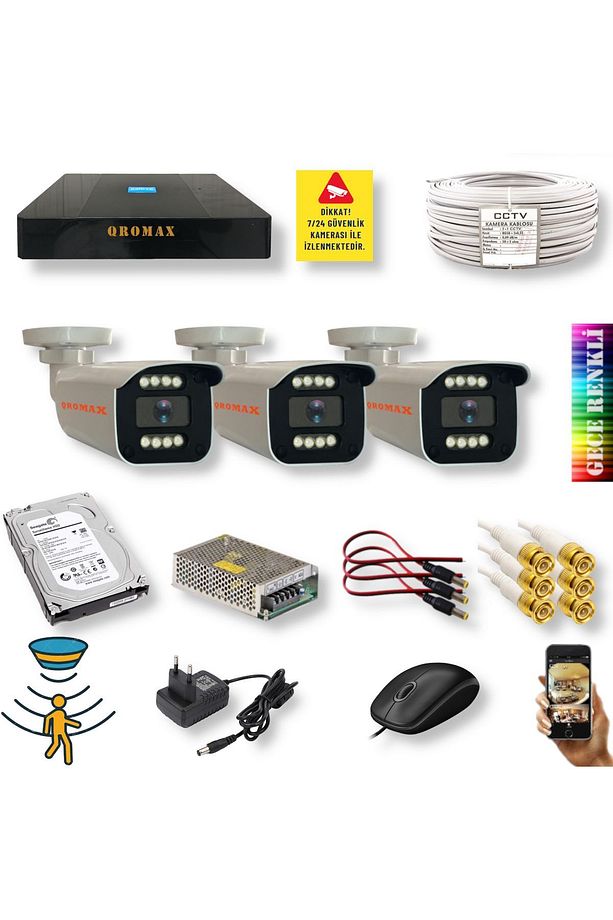 3 Kameralı Set - Hareket Algılayan Gece Renkli Gösteren 5 Mp 1080p Güvenlik Kamerası Seti 908w - 1