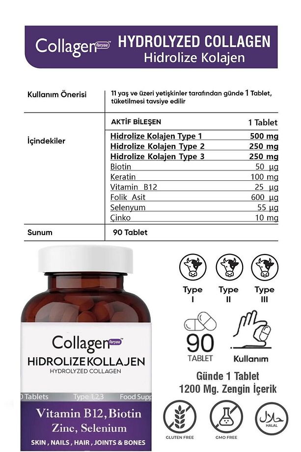 Hidrolize Kolajen Type 1-2-3 Keratin-çinko-f.asit-selenium-biotin-b12 1200mg.90 Tb.2 Kutu Collagen - 2