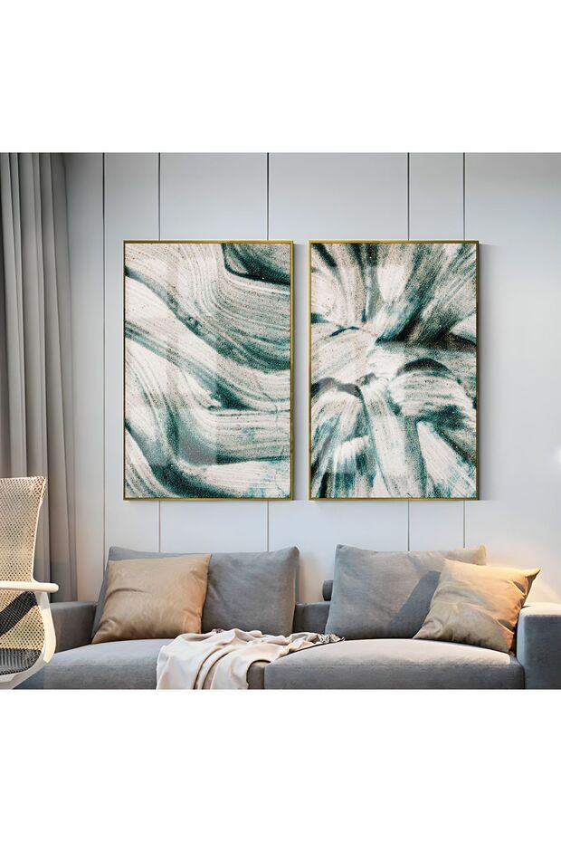Hari̇kabi̇rev | Turquoise Tones Patterned Abstract Combination 01 | Framed Glass Table 2 Pieces Vertical
