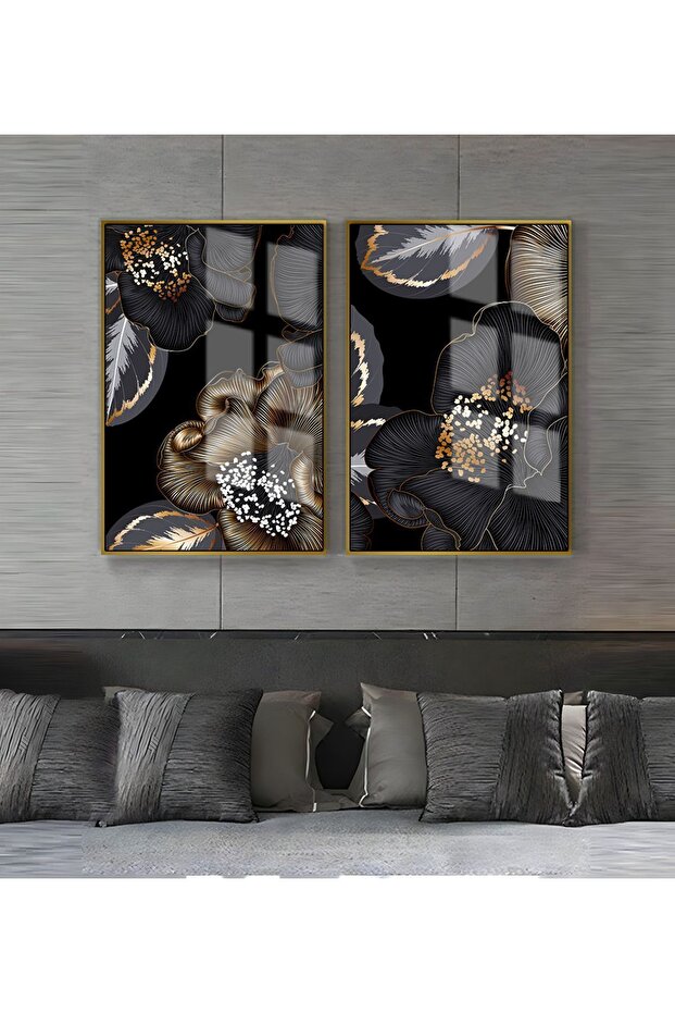 Hari̇kabi̇rev | Black-Gold Color Flower and Leaf Combination Abstract | Framed Glass Table 2 Pieces Vertical
