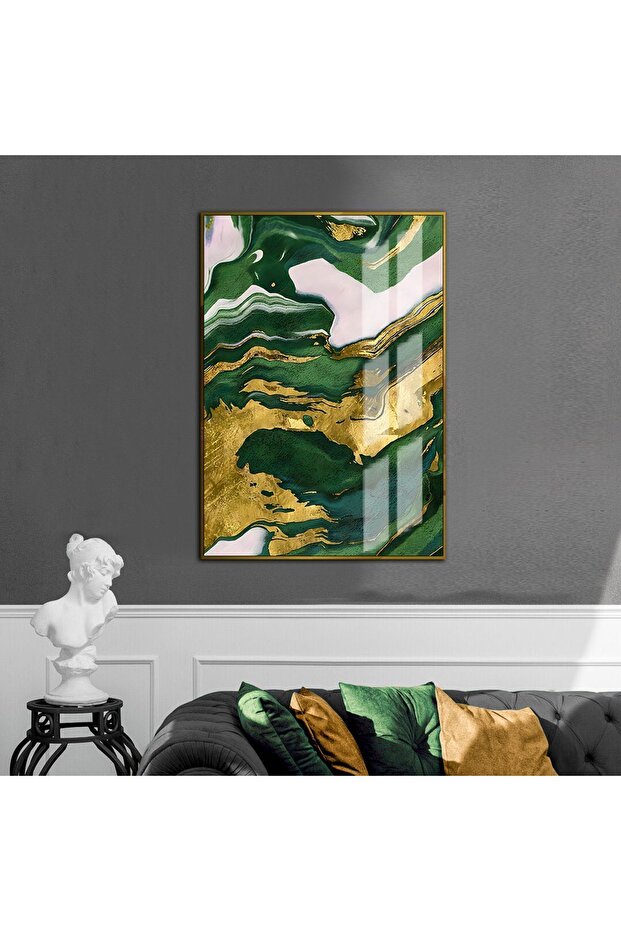 Hari̇kabi̇rev | Green-Gold-White Abstract Patterned Model 2 | Framed Tempered Glass Table Single Vertical