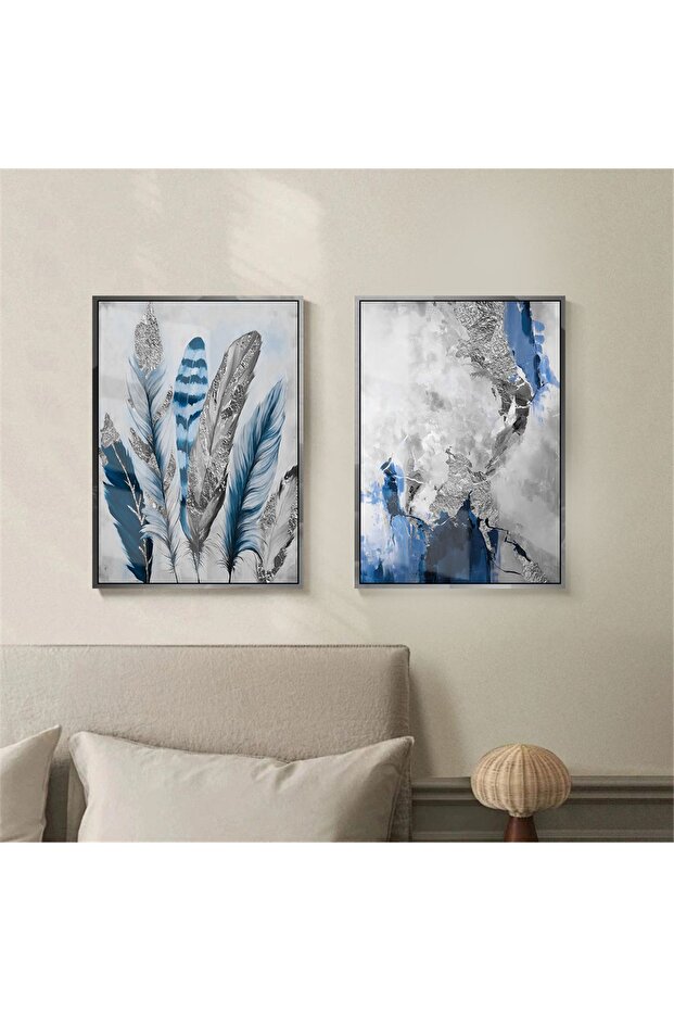 | Navy Blue Silver Combination Navy Blue Feather and Left | Framed Tempered Glass Table 2 Vertical