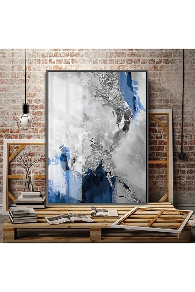 Hari̇kabi̇rev | Dark Blue-Silver Loved Feather-Abstract Painting Left | Framed Tempered Glass Table Single Vertical