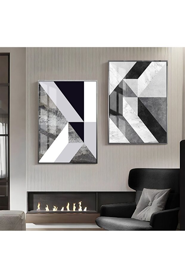 Hari̇kabi̇rev | Black-White Abstract Combination 1 | Framed Glass Table 2 Pieces Vertical