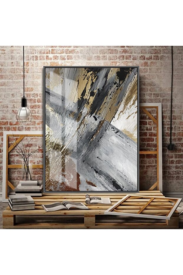 Hari̇kabi̇rev | Gray-Gold Abstract Figure 01 | Framed Tempered Glass Table Single Vertical