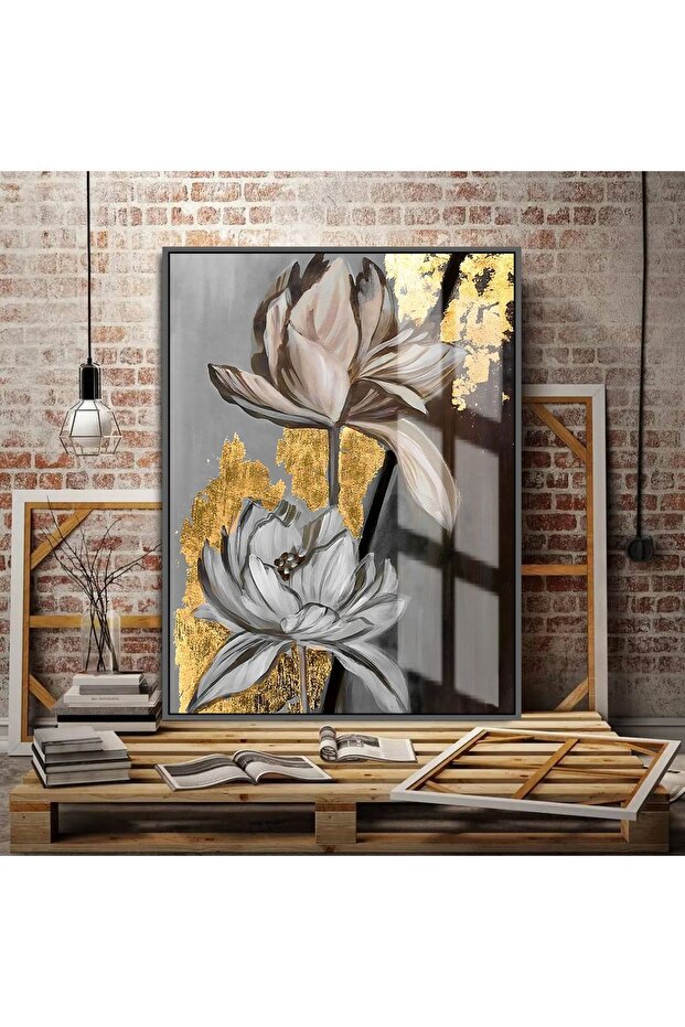 Hari̇kabi̇rev | Gold-Grey Favorite Flower Table 02 | Framed Tempered Glass Table Single Vertical