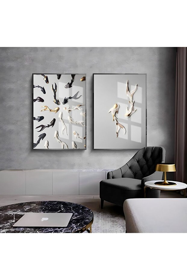 Hari̇kabi̇rev | Gold-Black-White Fish Combination 1 | Framed Glass Table 2 Pieces Vertical