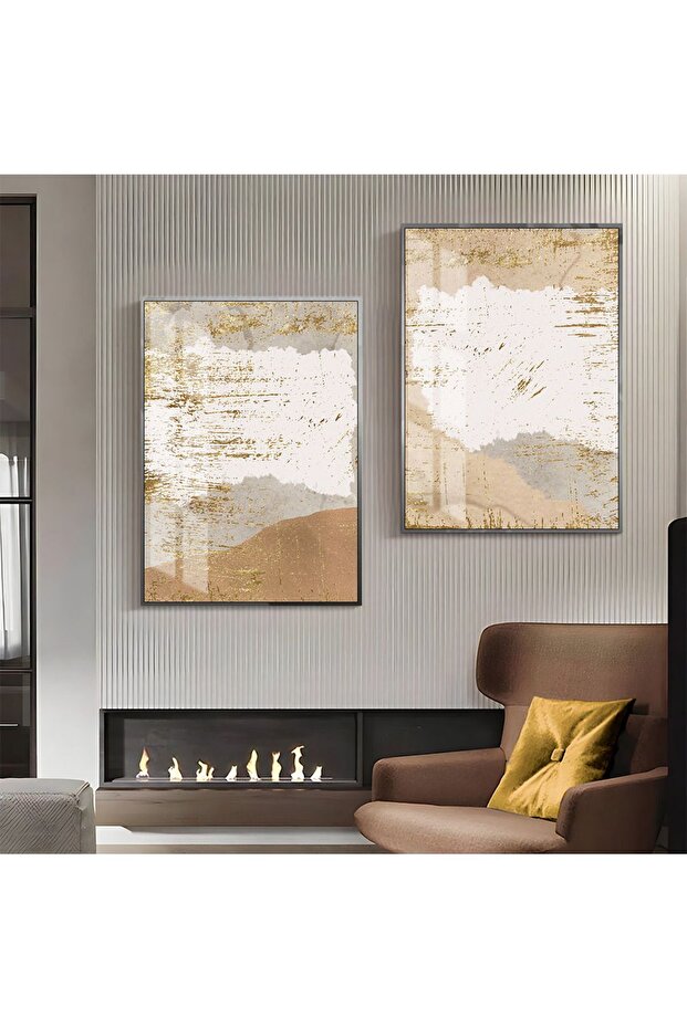 Hari̇kabi̇rev | Gold-Gray-Cream Patterned Abstract Combination 03 | Framed Glass Table 2 Pieces Vertical