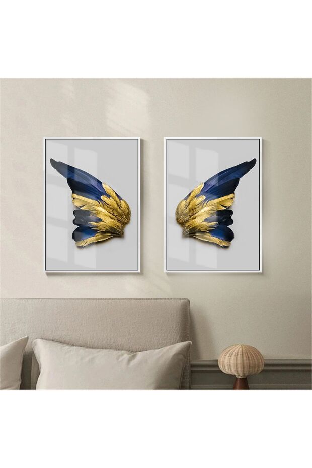 Hari̇kabi̇rev | Gold Dark Blue Color Butterfly Wing | Framed Glass Table 2 Pieces Vertical