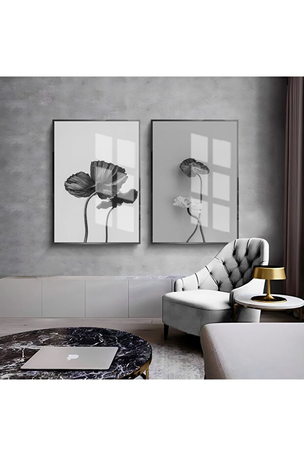 Hari̇kabi̇rev | Gray-Black Flower Combination 01 | Framed Glass Table 2 Pieces Vertical