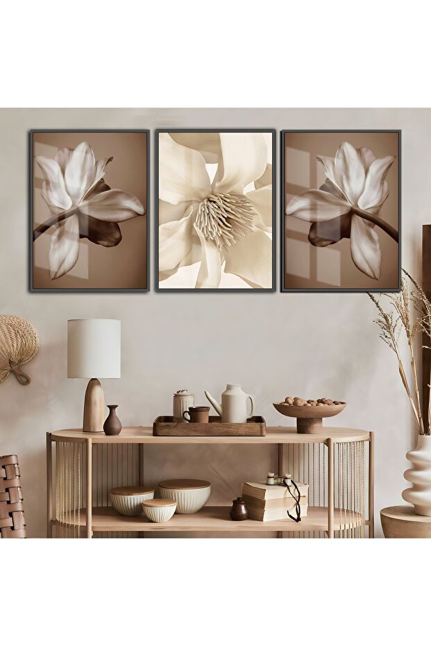 Hari̇kabi̇rev | Soft-Brown Flower Combination 6 | Framed Tempered Glass Table 3 Pieces Vertical