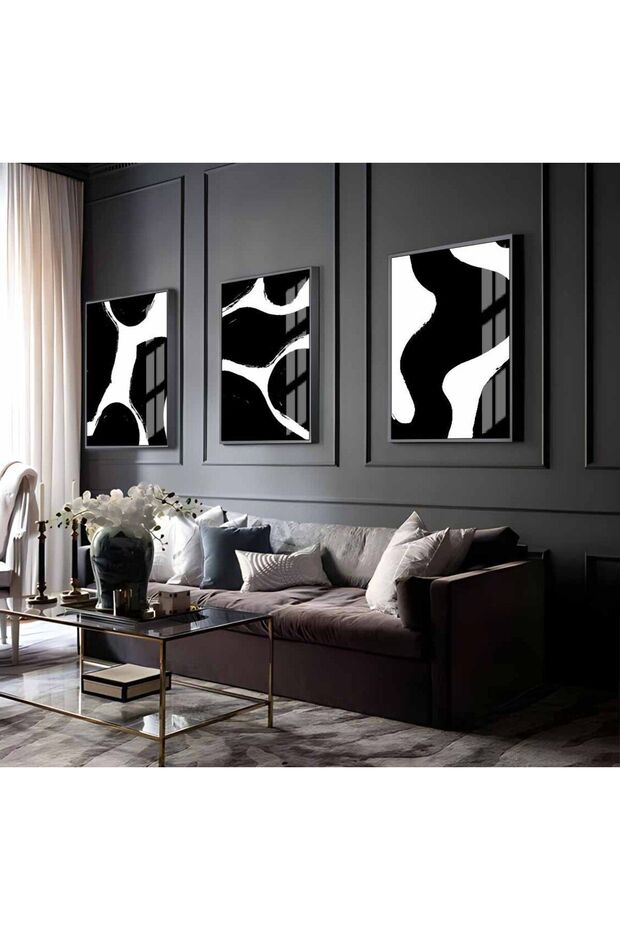 Hari̇kabi̇rev | White-Black Abstract Abstract Combination 10 | Framed Glass Table 3 Pieces Vertical