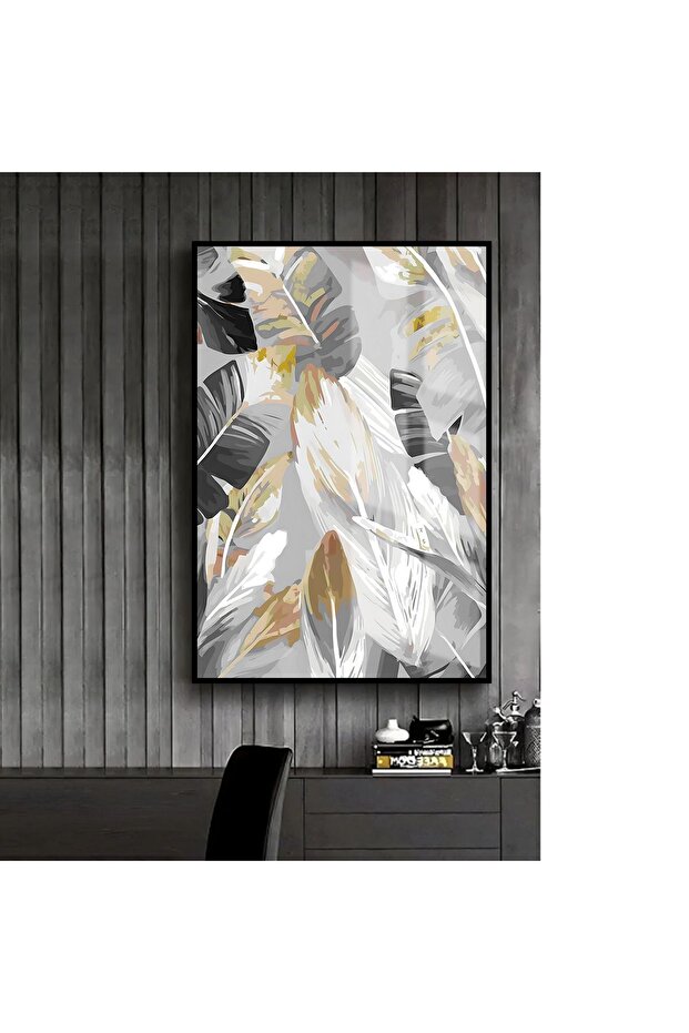 Hari̇kabi̇rev | Gray-Gold-White Leaf Patterned Model 1 | Framed Tempered Glass Table Single Vertical