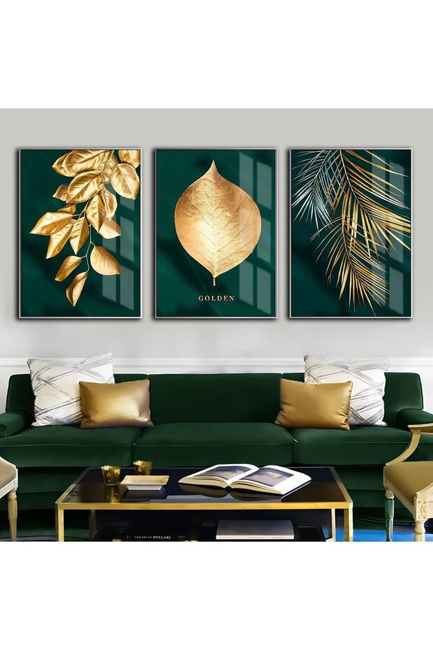 Hari̇kabi̇rev | Emerald-Gold Combination Gold Leaf Combination | Framed Tempered Glass Table 3 Pieces Vertical