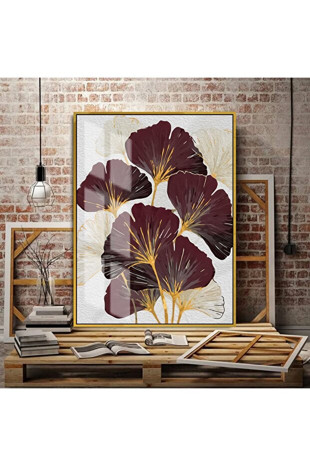 Hari̇kabi̇rev | Bordo-Gold Eternal Flower Combination Right | Framed Tempered Glass Table Single Vertical