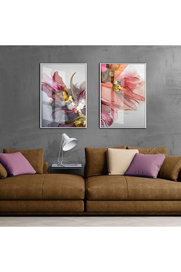Hari̇kabi̇rev | Abstract Figures Purple-Pink-Gold 2 | Framed Glass Table 2 Pieces Vertical