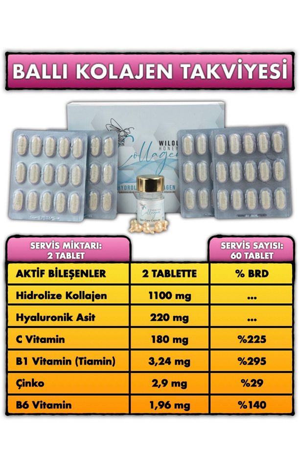 Honeyed Kolajen Cilt Bakım Kapsülü Hyalünorik Asit C Vitamini Çinko 60 Adet Tablet (tip1-2-3-4-5) - 3