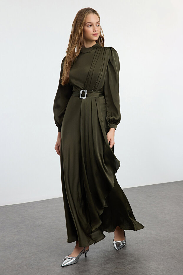 Szőtt estélyi ruha - Khaki öv részletes TCTSS24DB00056 - 2