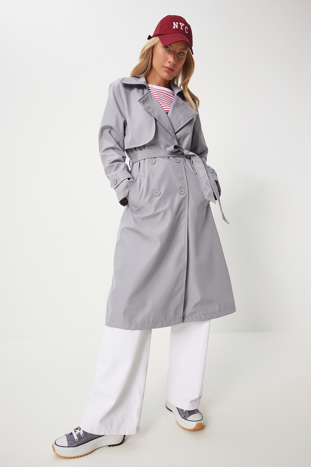 Grauer, fließender langer Trenchcoat für Damen – DD01334 - 5