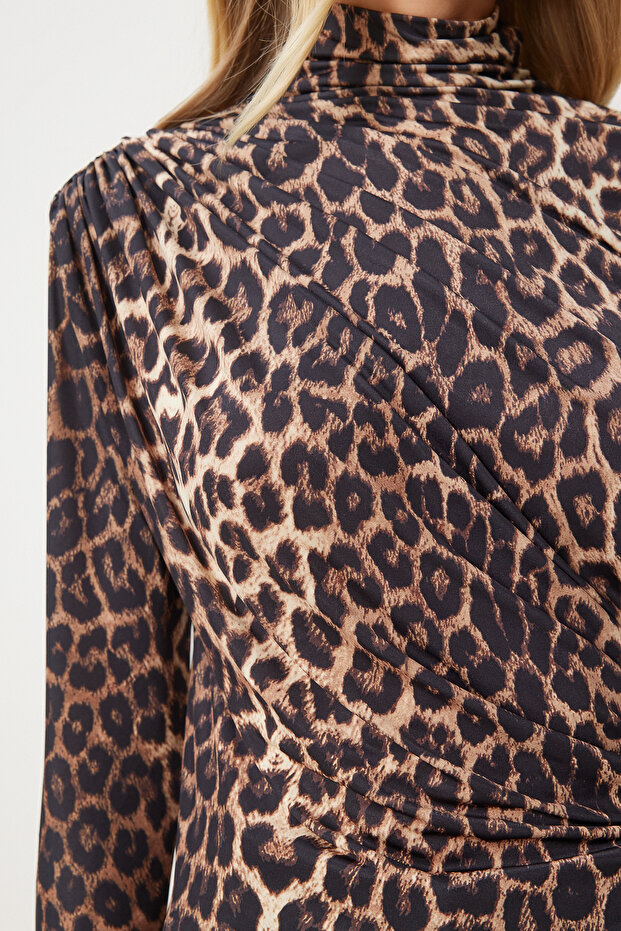 Czarno-Beżowa Bluzka w Kolorze Piasku - Ze Ściągaczem, Stójka Ff00135 - 5