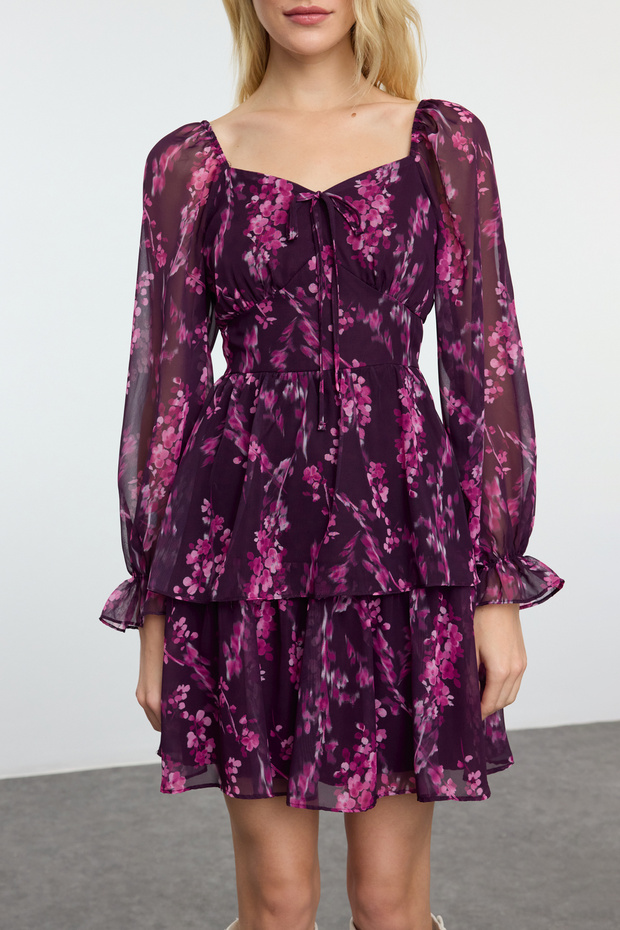 Mürdüm Çiçekli Fırfırlı Boho Mini Dokuma Elbise TWOAW23EL01455 - 3