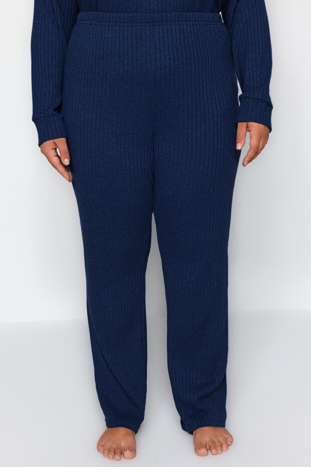 Lacivert Kapüşonlu Yaka Relaxed Fit Örme Kaşkorse Büyük Beden Alt-Üst Takım TBBAW23CP00016 - 3