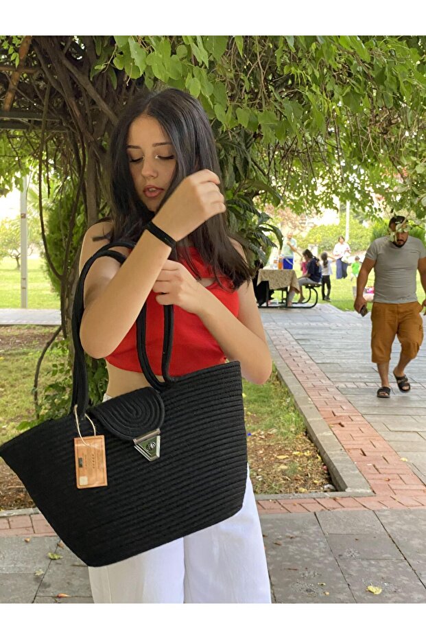 حقيبة يد حقيبة شاطئ حقيبة كتف بمظهر قش الجوت