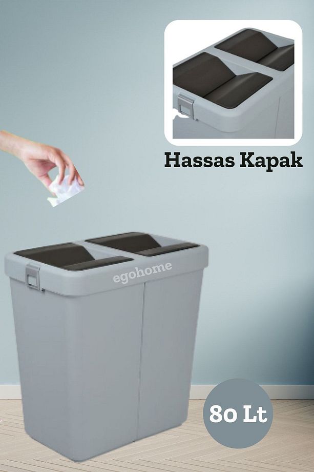 Mote Ikili Gri Çöp Kutusu Kovası Hassas Kapaklı Çift Kapaklı Gri 80 Lt - 1