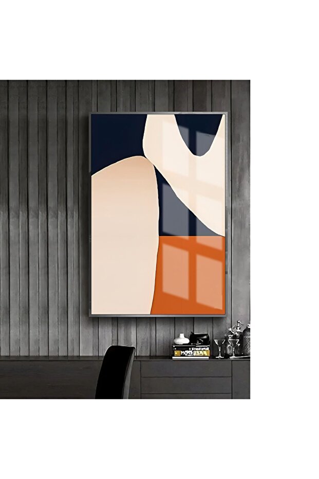 Hari̇kabi̇rev | Cream-Blue-Orange Abstract Model 2 | Framed Tempered Glass Table Single Vertical