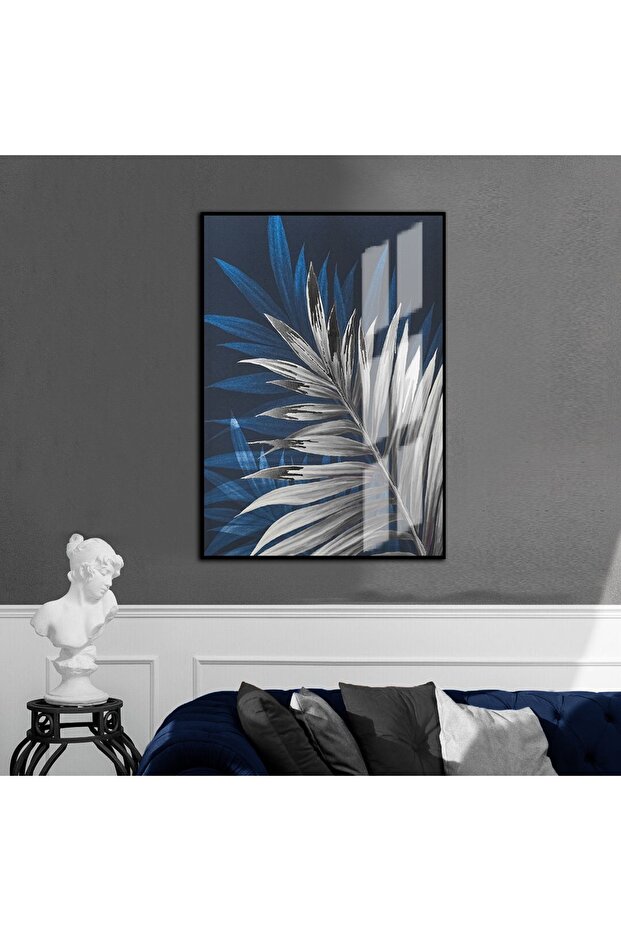 Hari̇kabi̇rev | Blue-Grey Palm Leaf Model 2 | Framed Tempered Glass Table Single Vertical