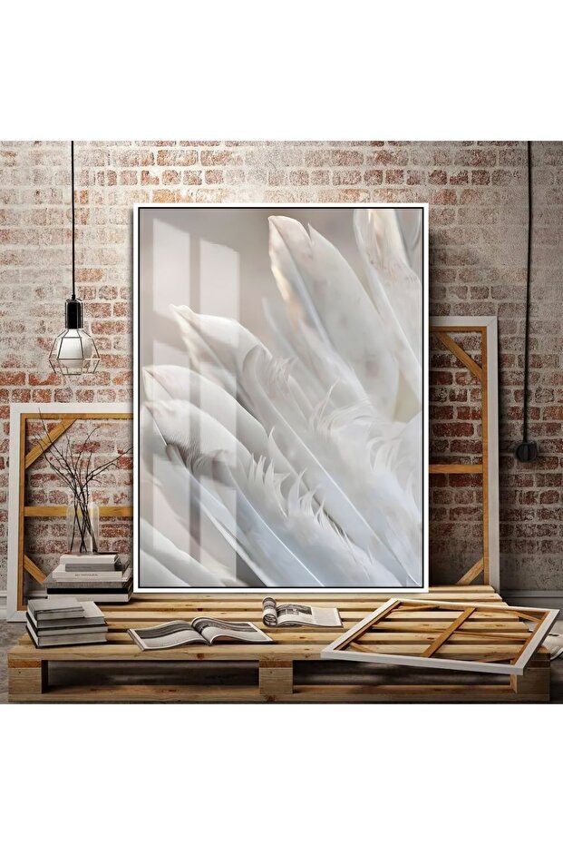 Hari̇kabi̇rev | Loved White Feathers Combination | Framed Tempered Glass Table Single Vertical