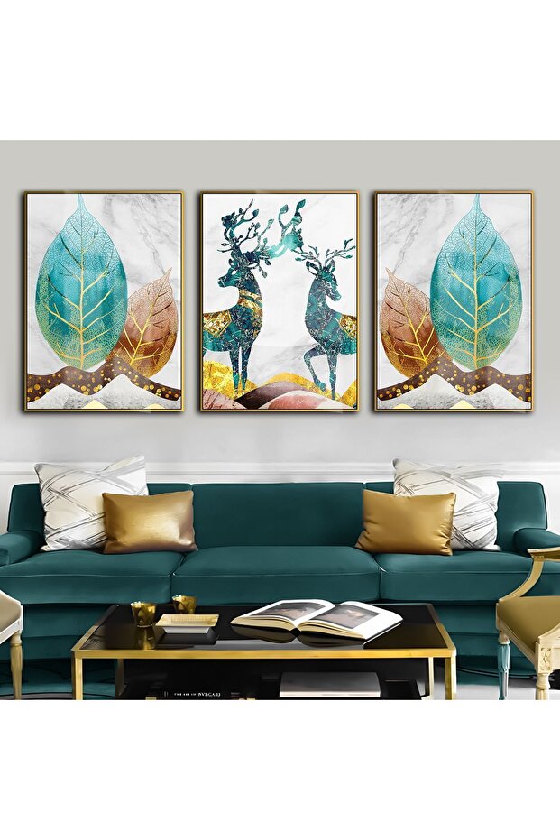 | Turquoise-Gold Most Stylish Flower-Deer Combination | Framed Tempered Glass Table 3 Vertical