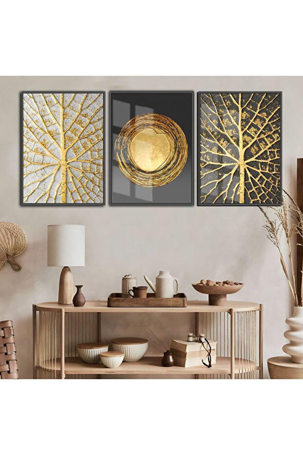Hari̇kabi̇rev | Black-Gold Abstract Combination | Framed Tempered Glass Table 3 Pieces Vertical