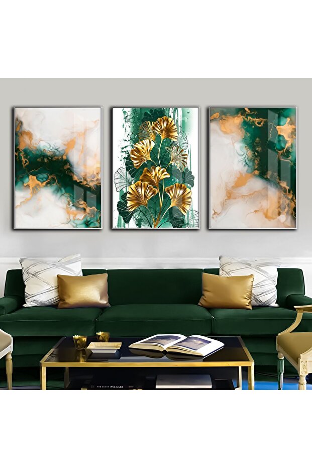 Hari̇kabi̇rev | Emerald-Gold Combination Flower-Abstract Combination | Framed Tempered Glass Table 3 Pieces Vertical