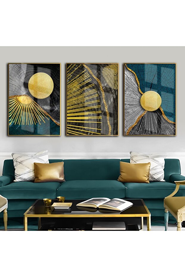 Hari̇kabi̇rev | Turquoise-Gold Most Stylish Abstract Combination | Framed Tempered Glass Table 3 Pieces Vertical