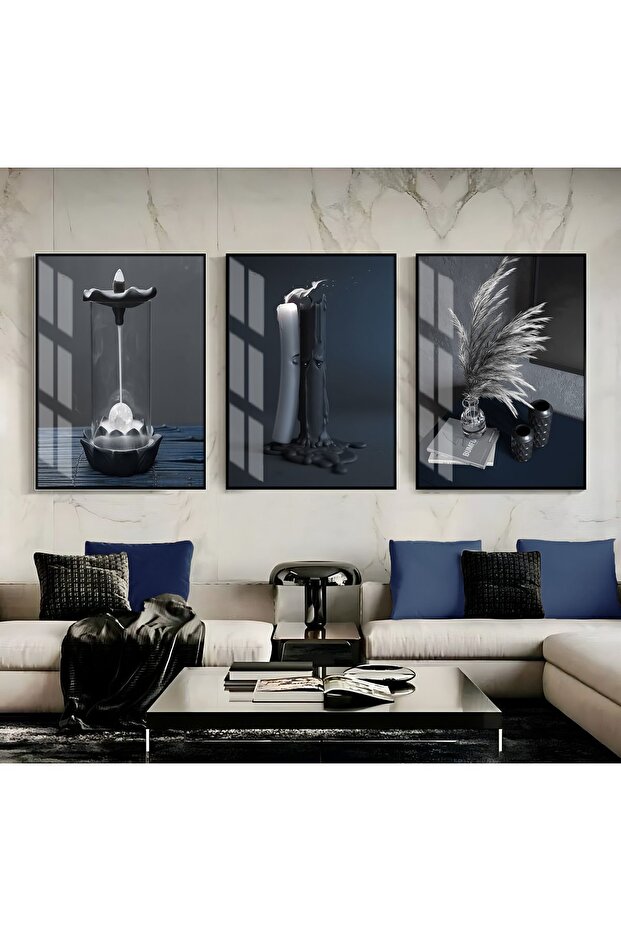 هاريكابيريف | DARK BLUE-SILVER 8 شمعة وبخور أنيق | طاولة زجاجية مقوية مؤطرة 3 عمودية