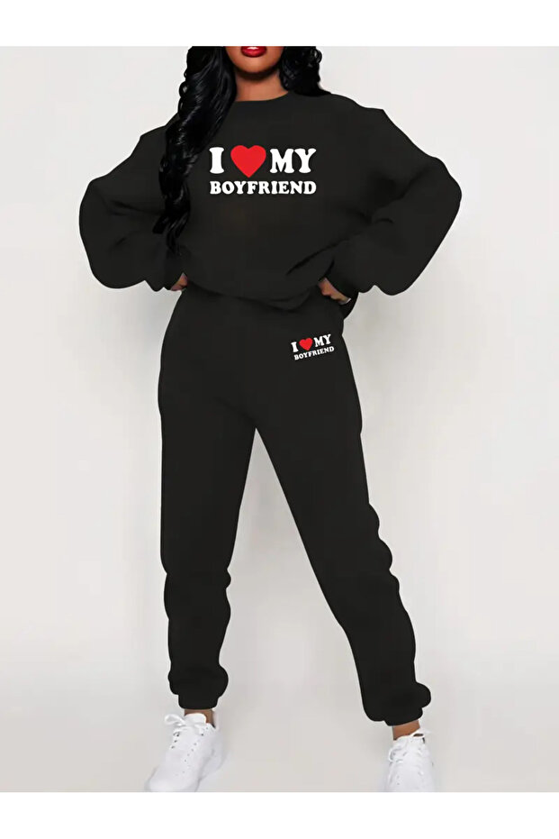 I Love My Boyfriend Printed Crew Neck Bottom Top Set Oversize Tracksuit Set