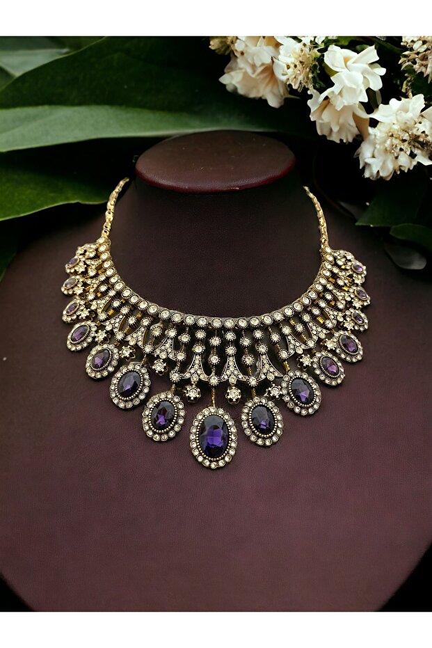 Oval Zircon Embellished Henna Engagement Wedding Necklace