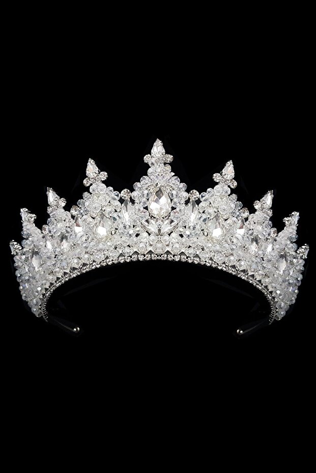 6cm High Elegant Princess And Bridal Crown, Crystal Bead Embroidered