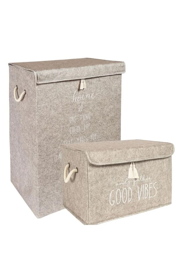 1 ad Keçe Kapaklı Kirli Çamaşır Sepeti 1 ad Mini Saklama Kutusu 2'li Set - 1