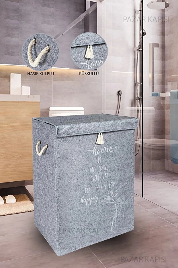 1 ad Keçe Kapaklı Kirli Çamaşır Sepeti 1 ad Mini Saklama Kutusu 2'li Set - 2
