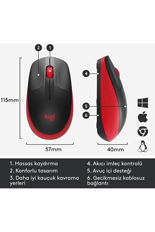 M191 Büyük Boy Usb Alıcılı 1.000 Dpi Kablosuz Mouse - Kırmızı - 6