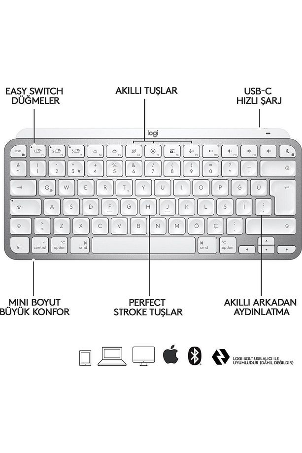 MX Keys Mini Mac İçin Minimalist Kablosuz Aydınlatmalı İngilizce Q Klavye - Beyaz - 7