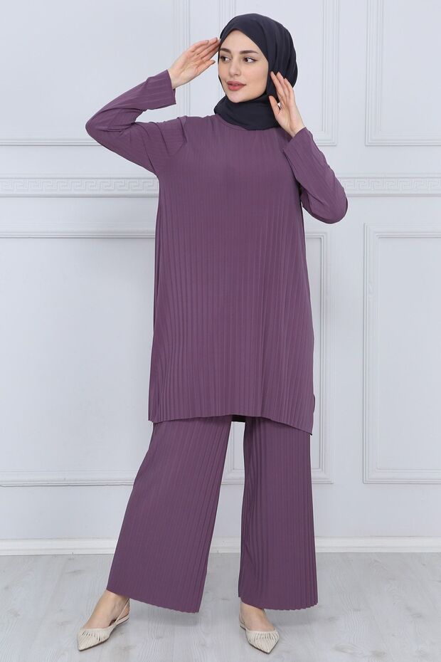 Women's Dried Rose Trousers Hijab Tunic Pleated Sandy Double Set 5219